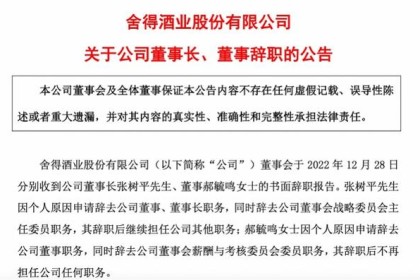 舍得酒业董事长卸任，实现任内业绩最快增长。 谁将接任？