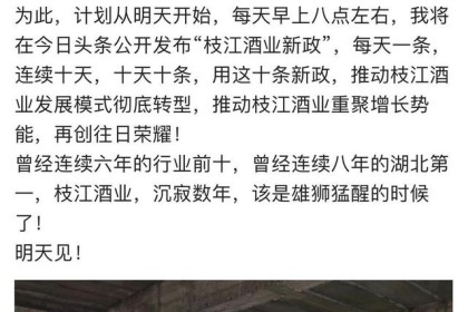 贵州醇董事长朱伟正式挂帅枝江酒 拟推十项新政“振兴”枝江酒